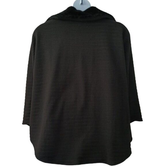Black Le Moda Poncho Cape Coat with Faux Fur Collar and Pom Pom Ties Full Zip - Picture 6 of 7